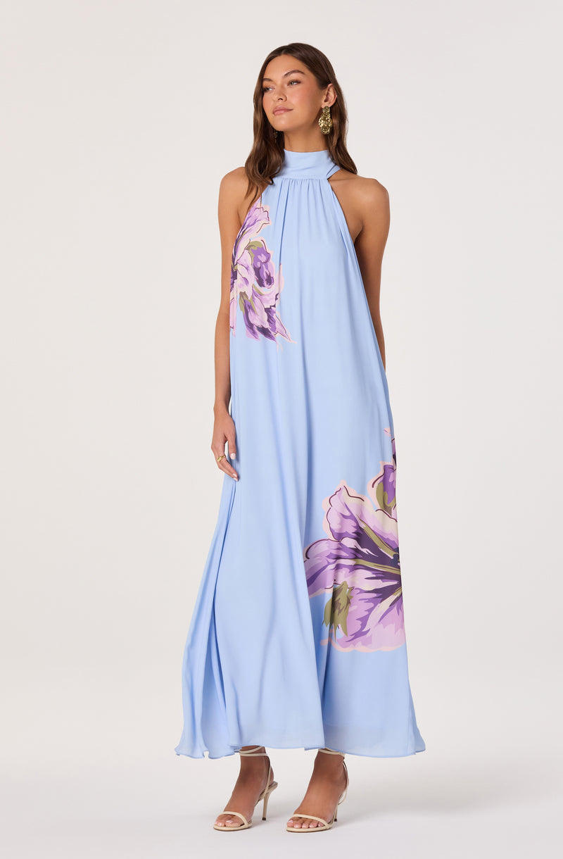 Light blue sleeveless maxi dress with large purple and lavender floral prints.