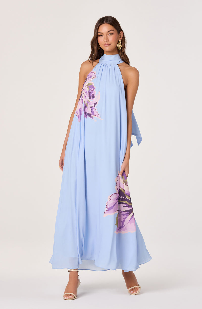 Light blue sleeveless gown with a high neckline, featuring large purple floral prints.