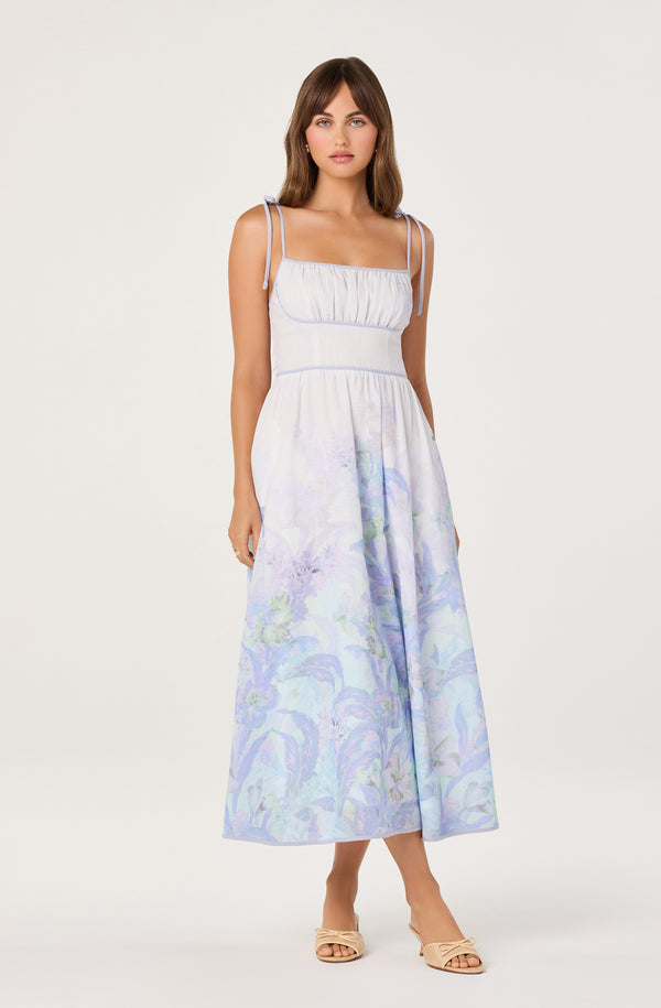 annalise light pink floral print bandeau skater midi dress ASTR the Label | Dayana Floral Midi Dress in Purple Floral