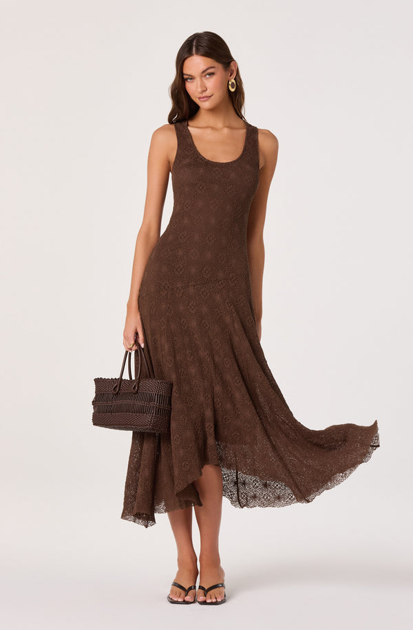 ASTR the Label | Freida Lace Knit Asymmetric Midi Dress in Brown