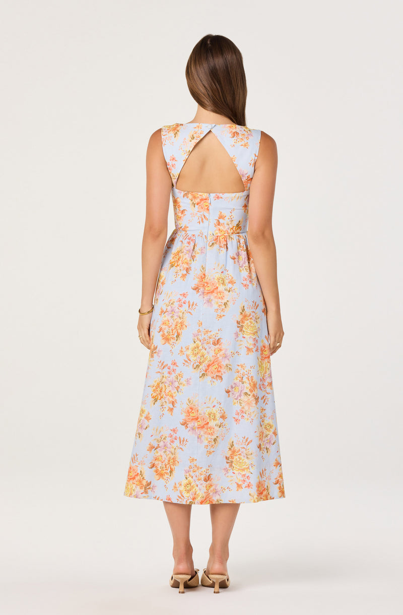 Model wearing a sleeveless dress with a floral pattern, open back and midi length.