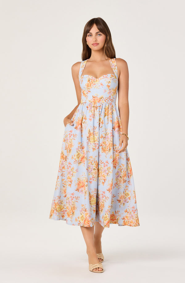 blue and orange floral dress ASTR the Label | Beryl Garden Floral Midi Dress in Blue Garden Floral