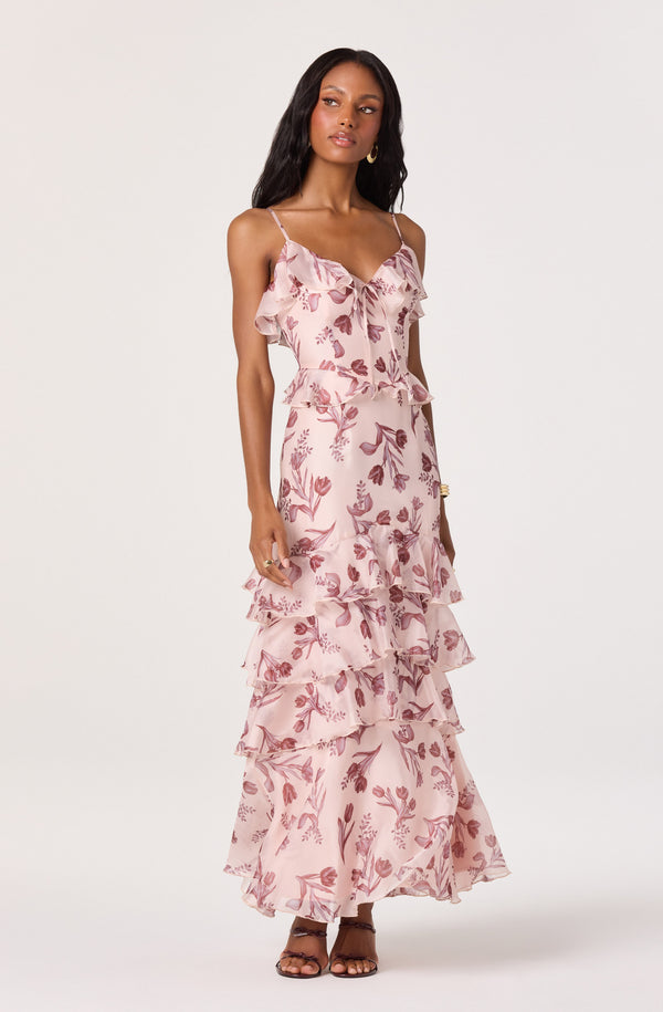 pink ruffle dress Emiliana V-Neck Satin Maxi Imported. Elegant Beige i ss F_SHDR06 Size:Custom Size(Recommend)