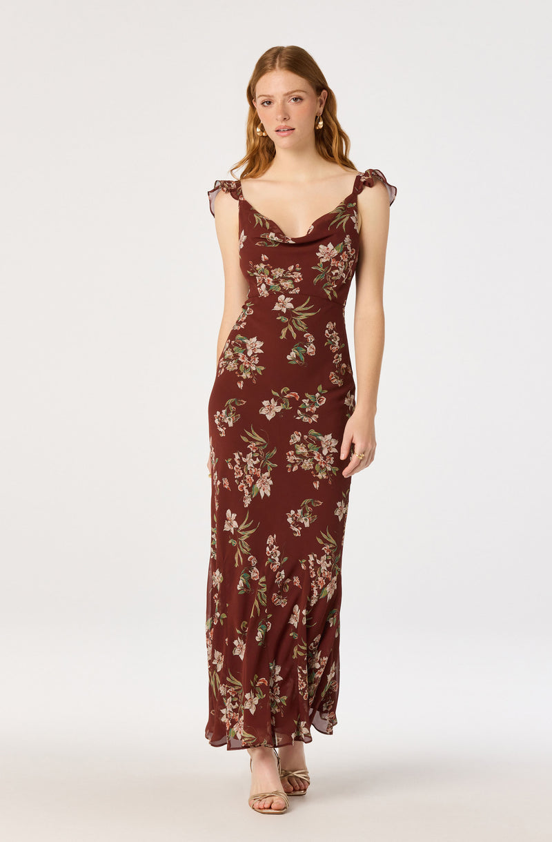 Long burgundy floral dress with ruffled shoulder straps and a flowy hem.