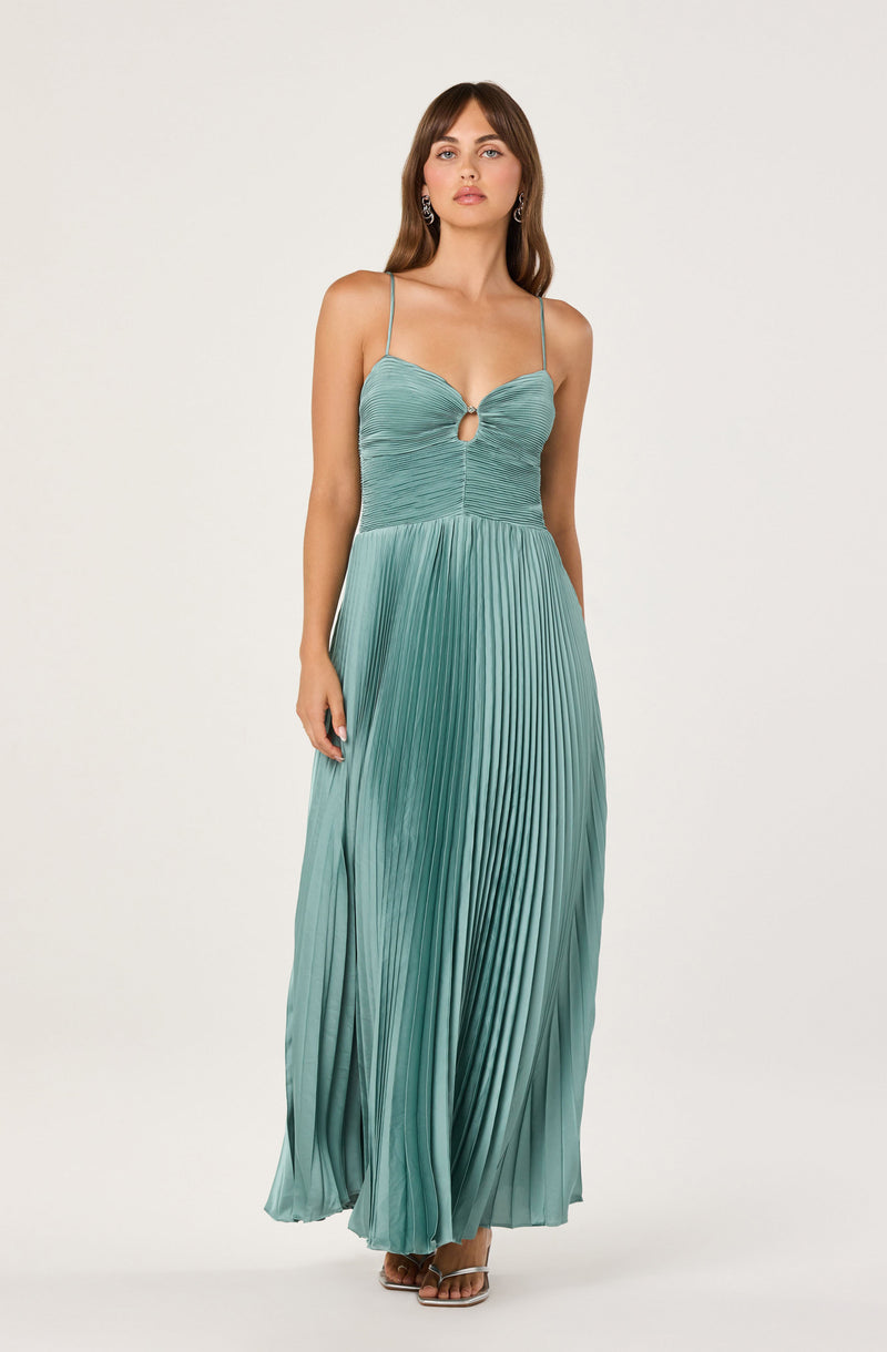 Teal pleated evening dress with spaghetti straps and a keyhole cutout at the bust.
