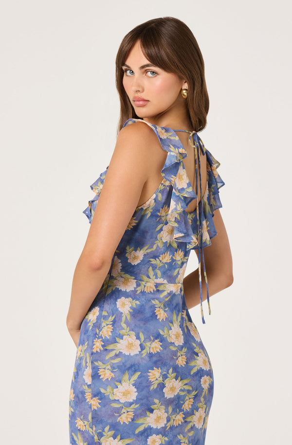 ASTR the Label | Caroletta Ruffle-Neck Chiffon Maxi Dress in Blue Floral