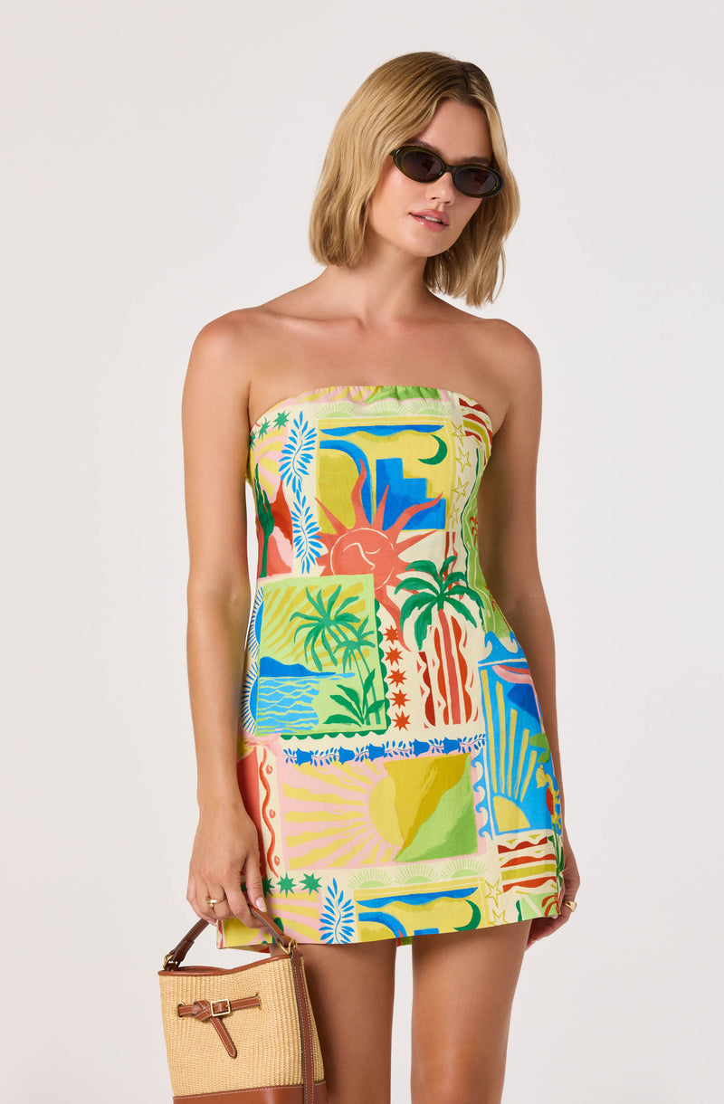 Striped strapless dress with colorful tropical and beach-inspired patterns.