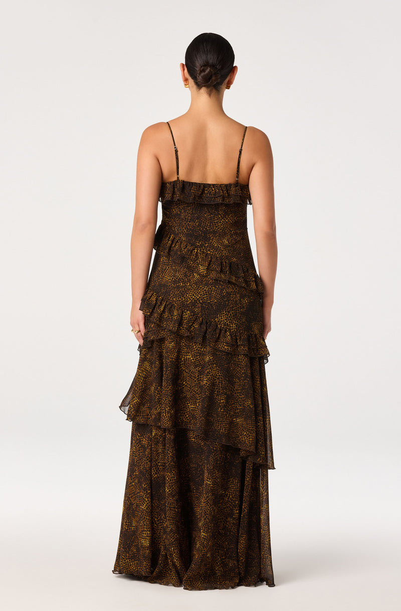 Long dress with leopard print, layered ruffles, and spaghetti straps.