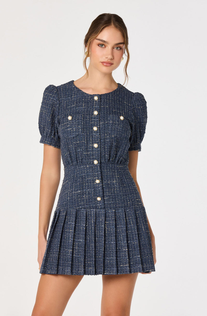 Blue tweed dress with puff sleeves, pearl buttons, fitted waist, and pleated skirt.