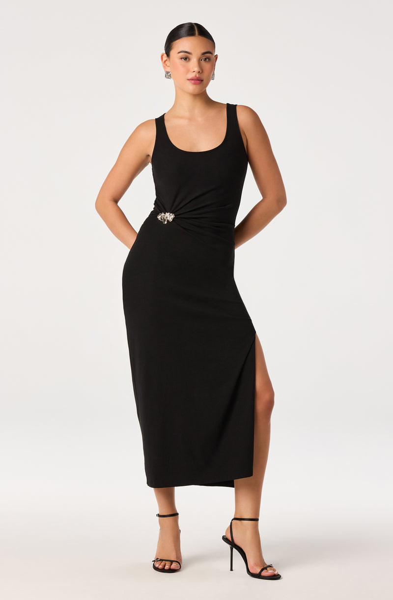 Black sleeveless dress with a side slit and rhinestone detail at the waist.