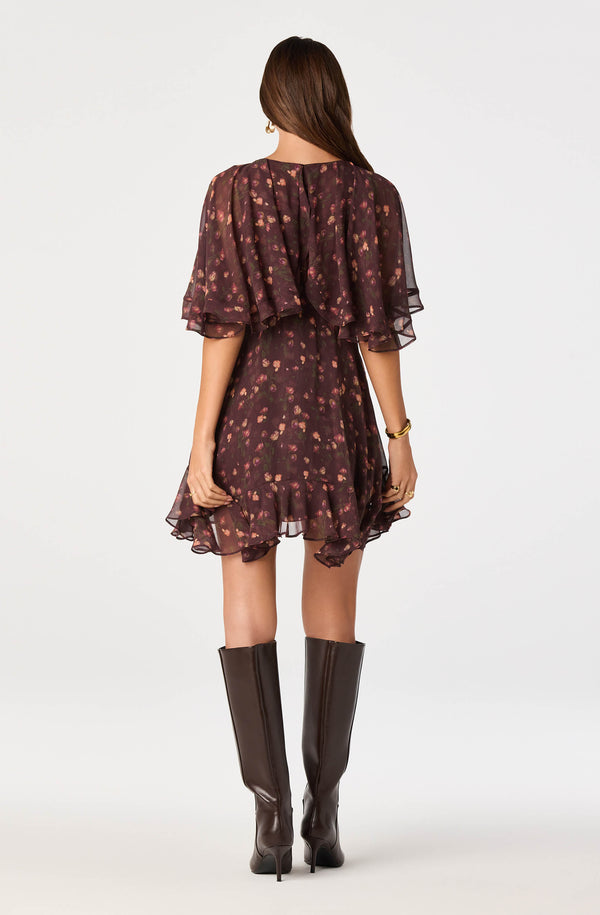 ASTR the Label | Lilah Floral Cape-Sleeve Mini Dress in Eggplant Floral