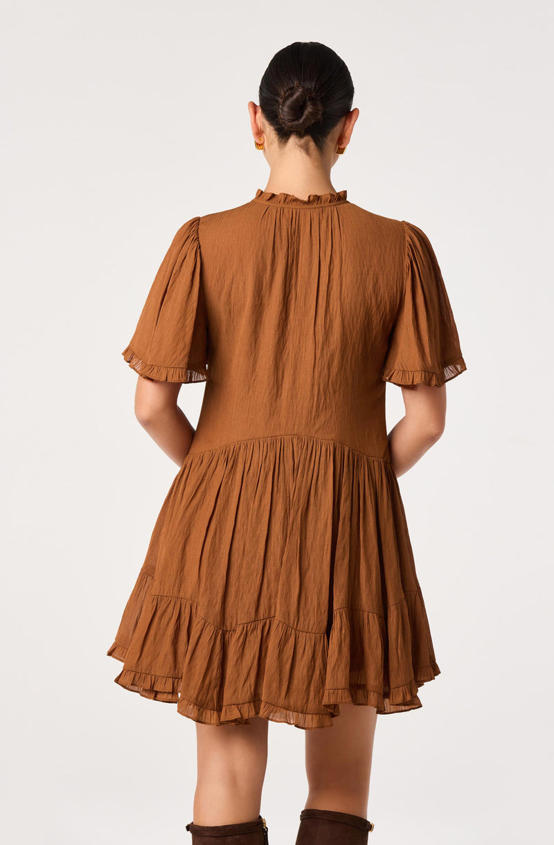 Brown dress with puff sleeves, ruffled collar, and tiered ruffled skirt.
