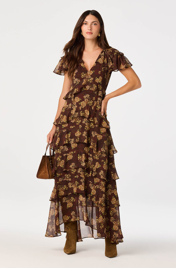 Odalys Flutter Sleeve Maxi Dress Brown Floral / XS
