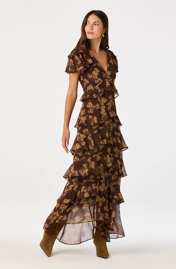 Odalys Flutter Sleeve Maxi Dress Brown Floral / XS