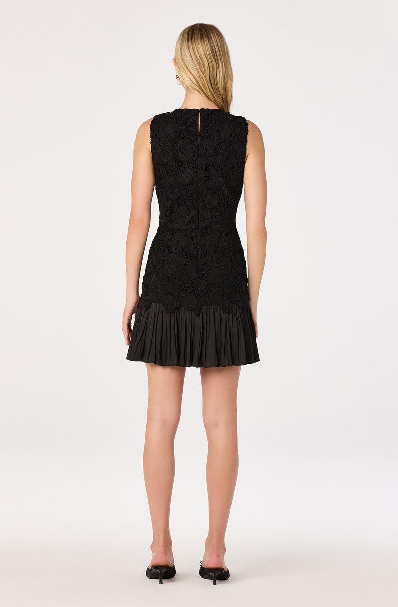Black sleeveless dress with lace bodice and pleated skirt.