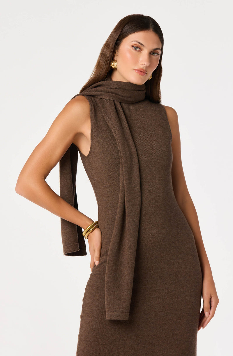 Woman wearing a sleeveless brown dress with matching scarf and gold accessories.