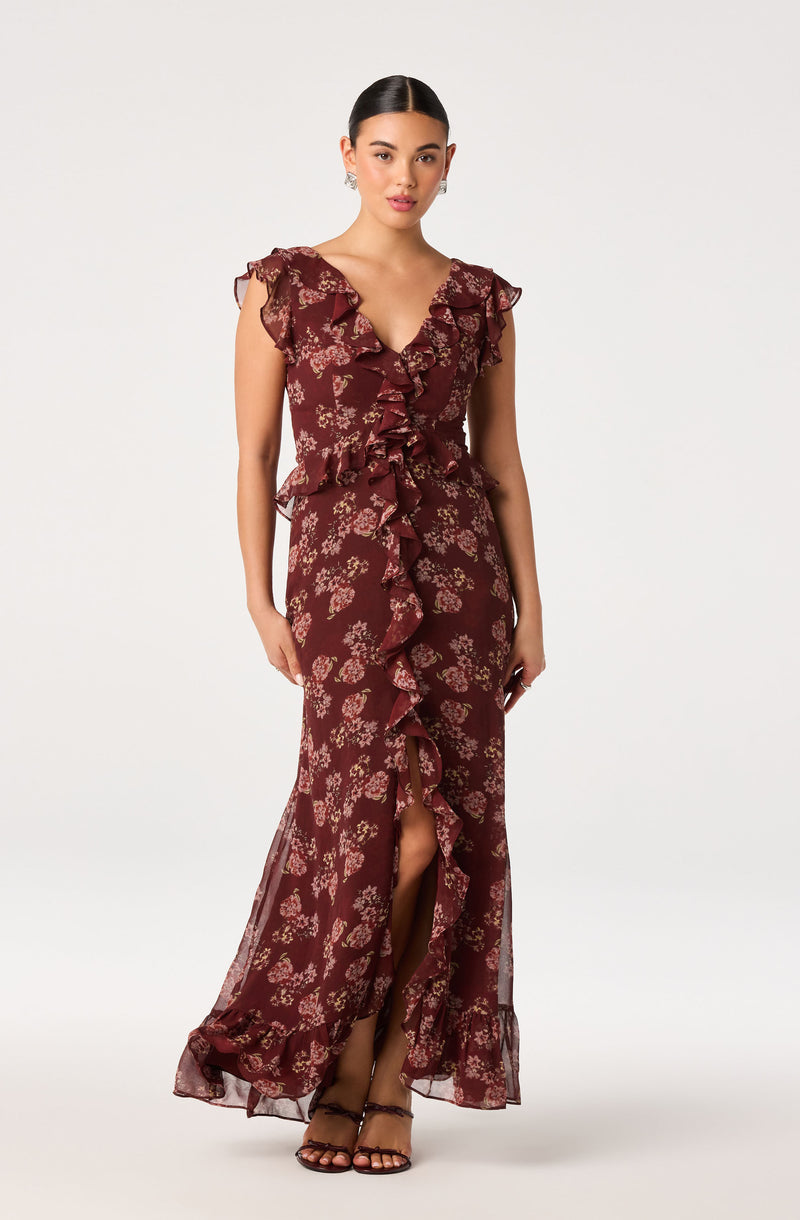 Maroon floral maxi dress with ruffled cap sleeves, front ruffle detail, and slit.