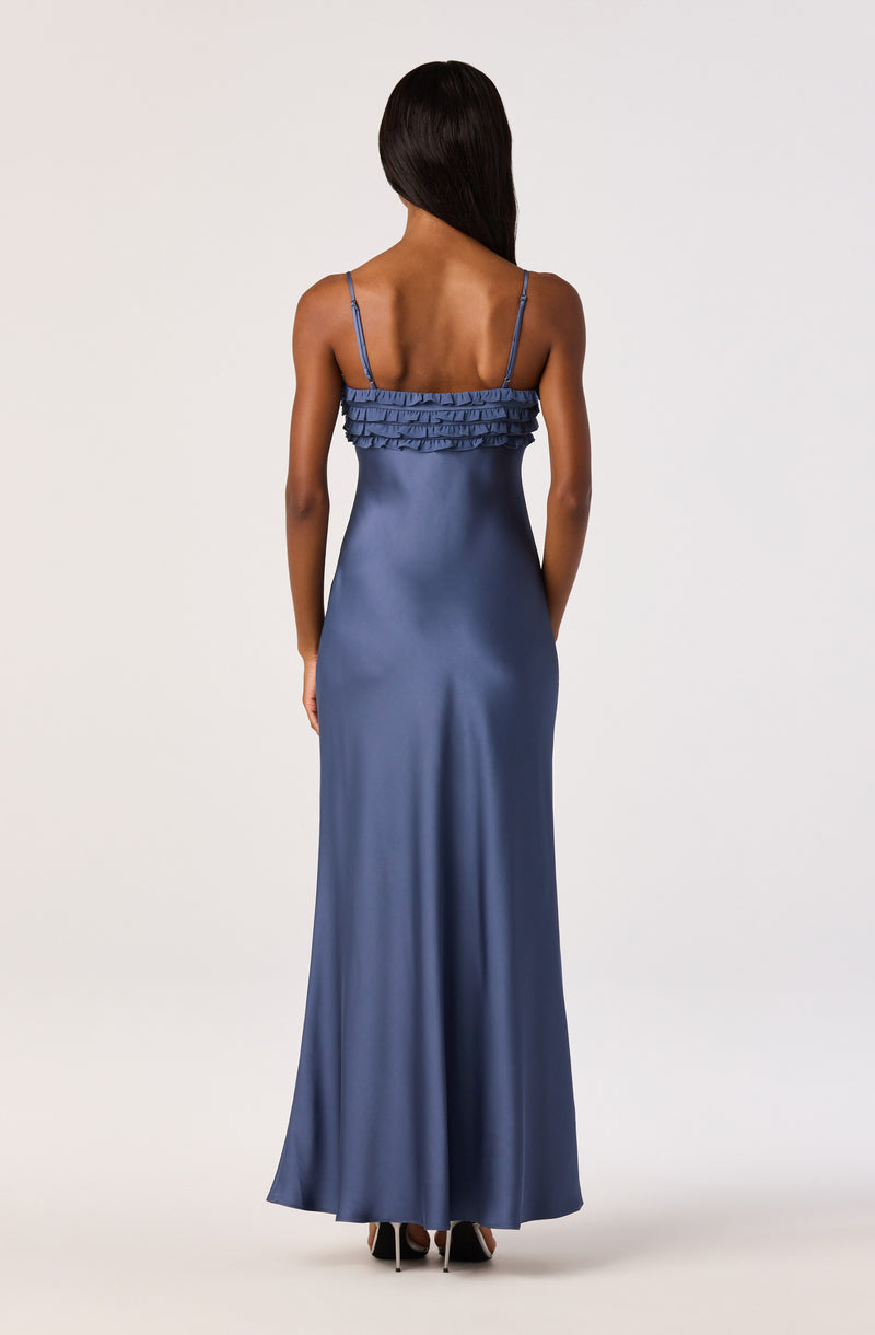 Blue satin maxi dress with ruffled detail on the bodice and spaghetti straps.