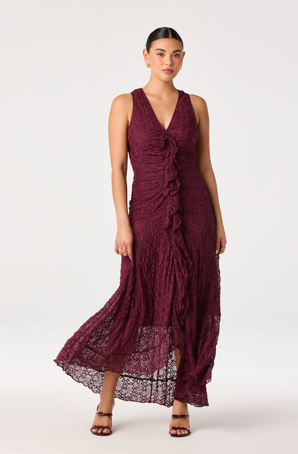 ASTR the Label | Casia Lace Ruffle Maxi Dress in Wine