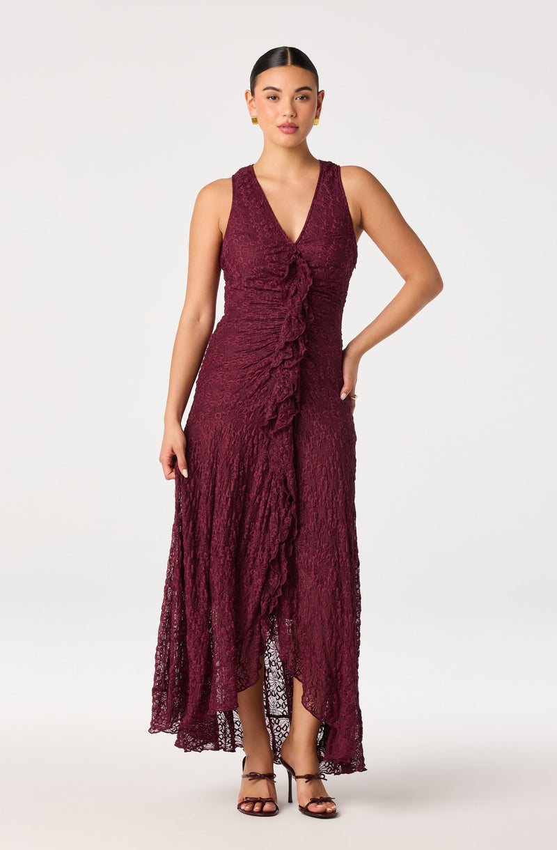 Sleeveless burgundy lace maxi dress with ruffled front detail and V-neckline.