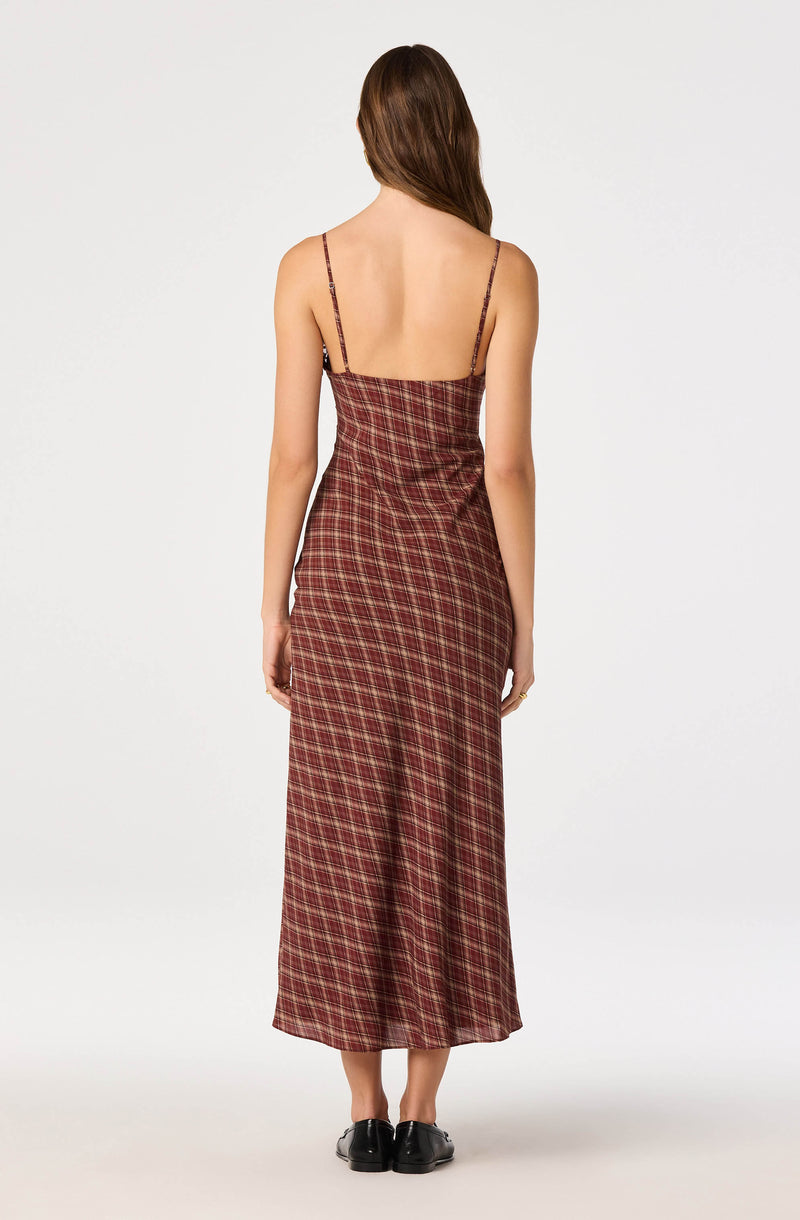 Long plaid dress with spaghetti straps, back view.