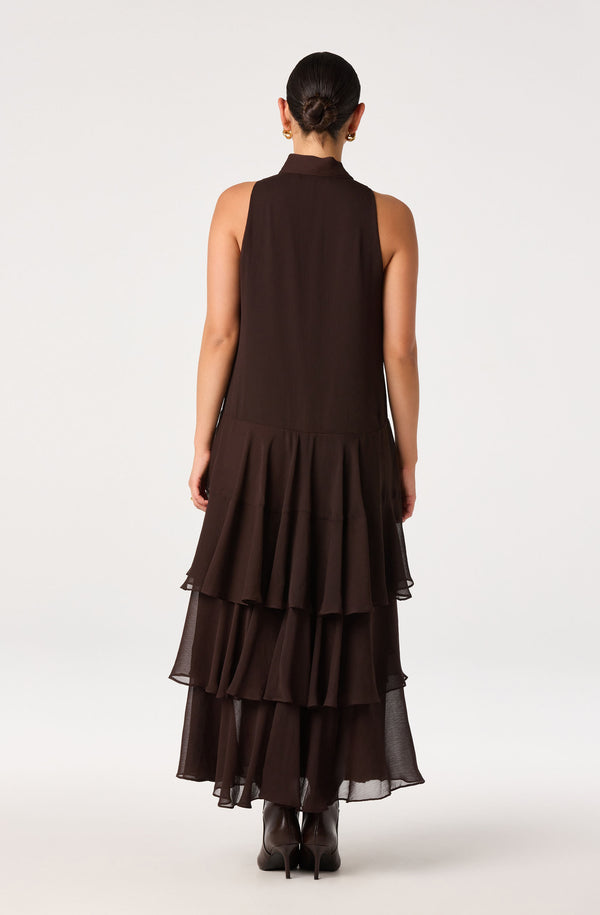 brown dress with ruffles at the bottom Katheryn Tie Neck Maxi Wedding dress