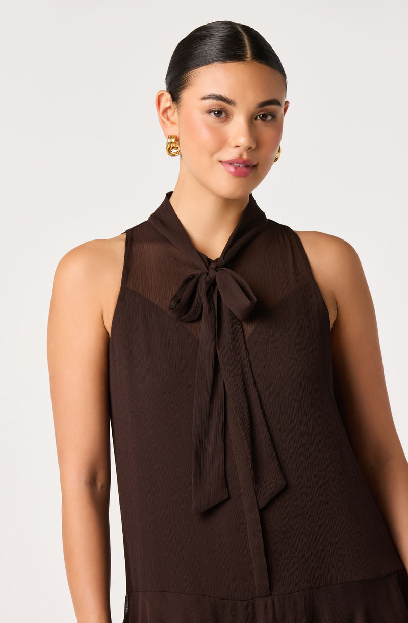Brown sleeveless top with a bow tie at the collar.