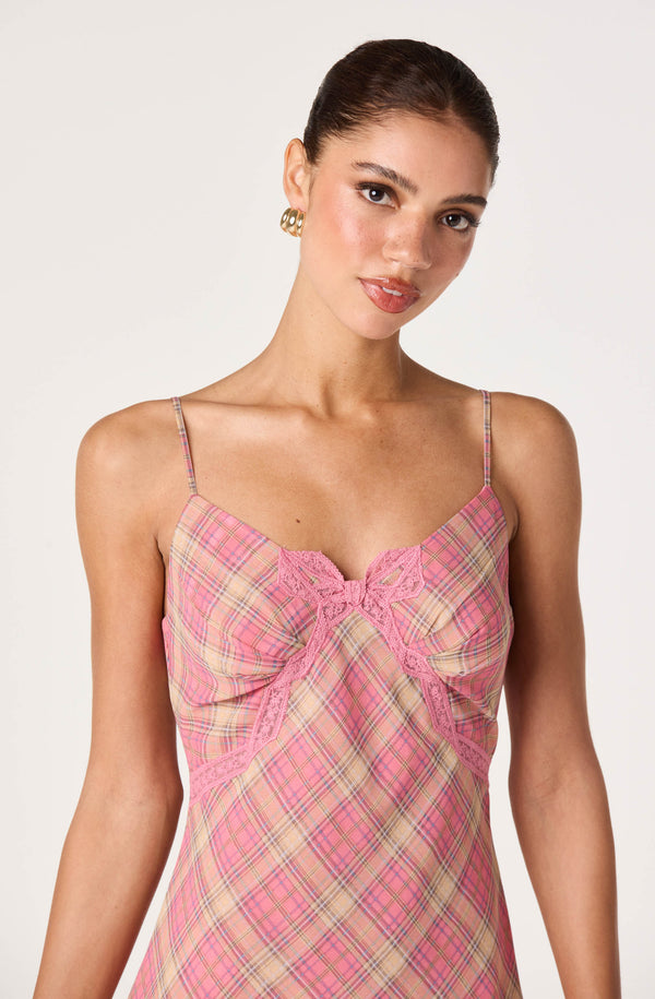 Kirsten Plaid Lace Trim Mini Dress Pink Plaid / XS