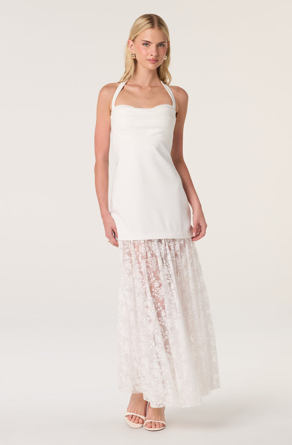 mixed media sheer skirt dress Strapless Mixed Media Sheer Lace Maxi Dress