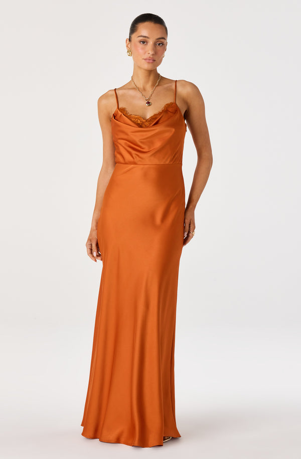 ASTR the Label | Annette Cowl Neck Satin Maxi Dress in Green