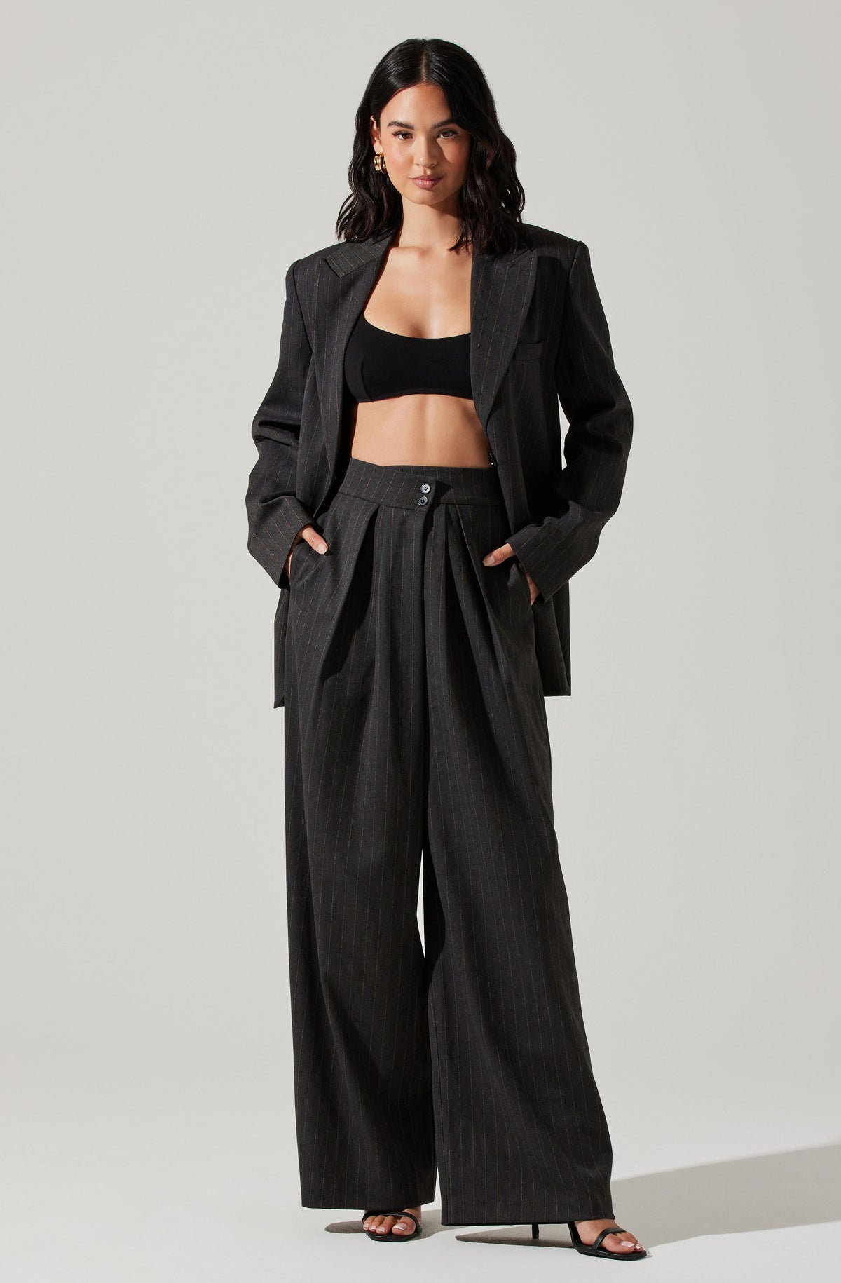 Boyfriend Pleated Criss-Cross Waist Pants - Charcoal stripe / XS