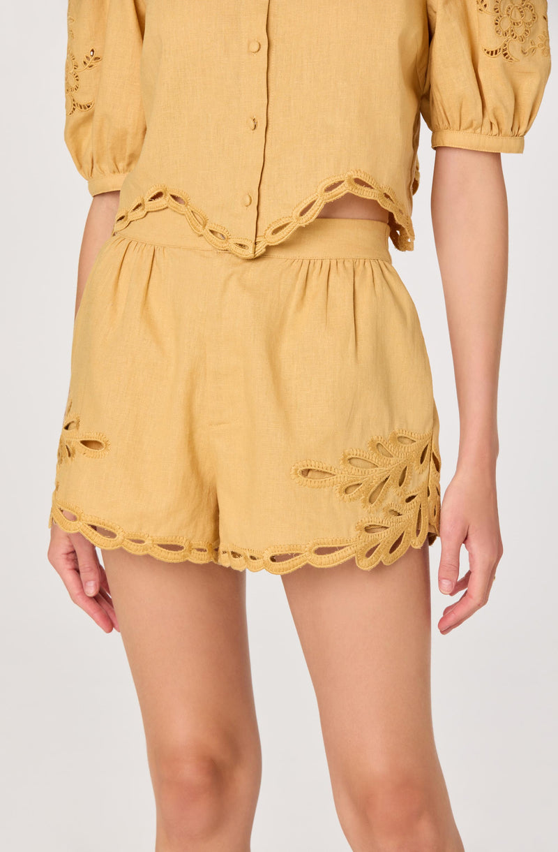 Yellow matching top and shorts set with embroidered cut-out details.