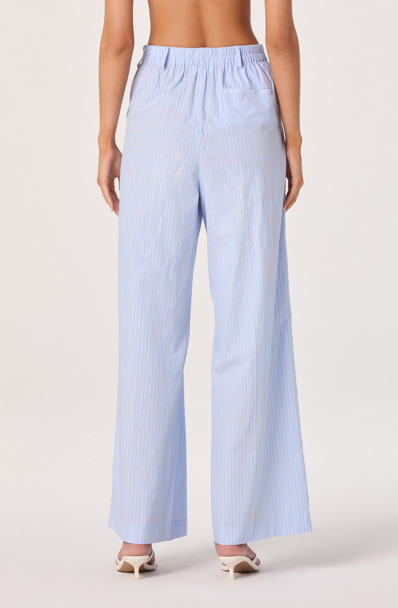 Light blue and white striped wide-leg pants with a high waist and back pocket.