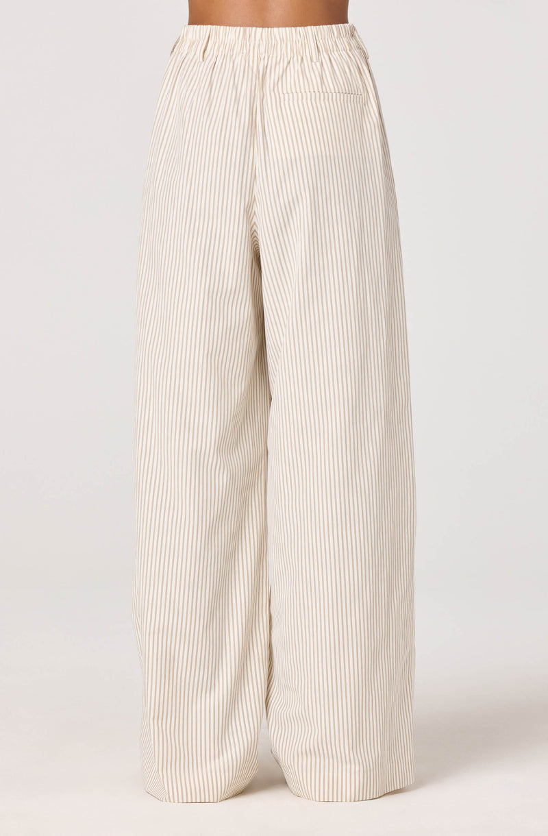 High-waisted cream pants with thin vertical beige stripes and wide-leg fit.