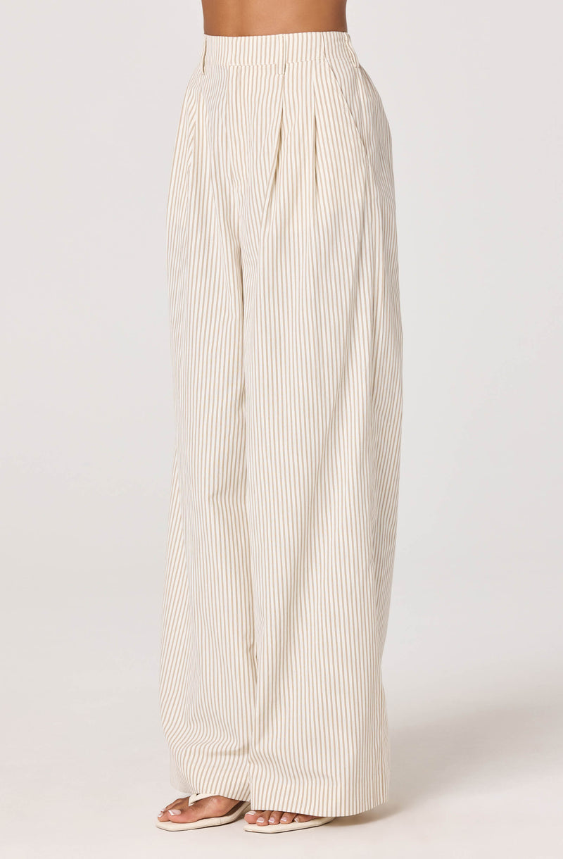 Cream wide-leg pants with beige vertical stripes.