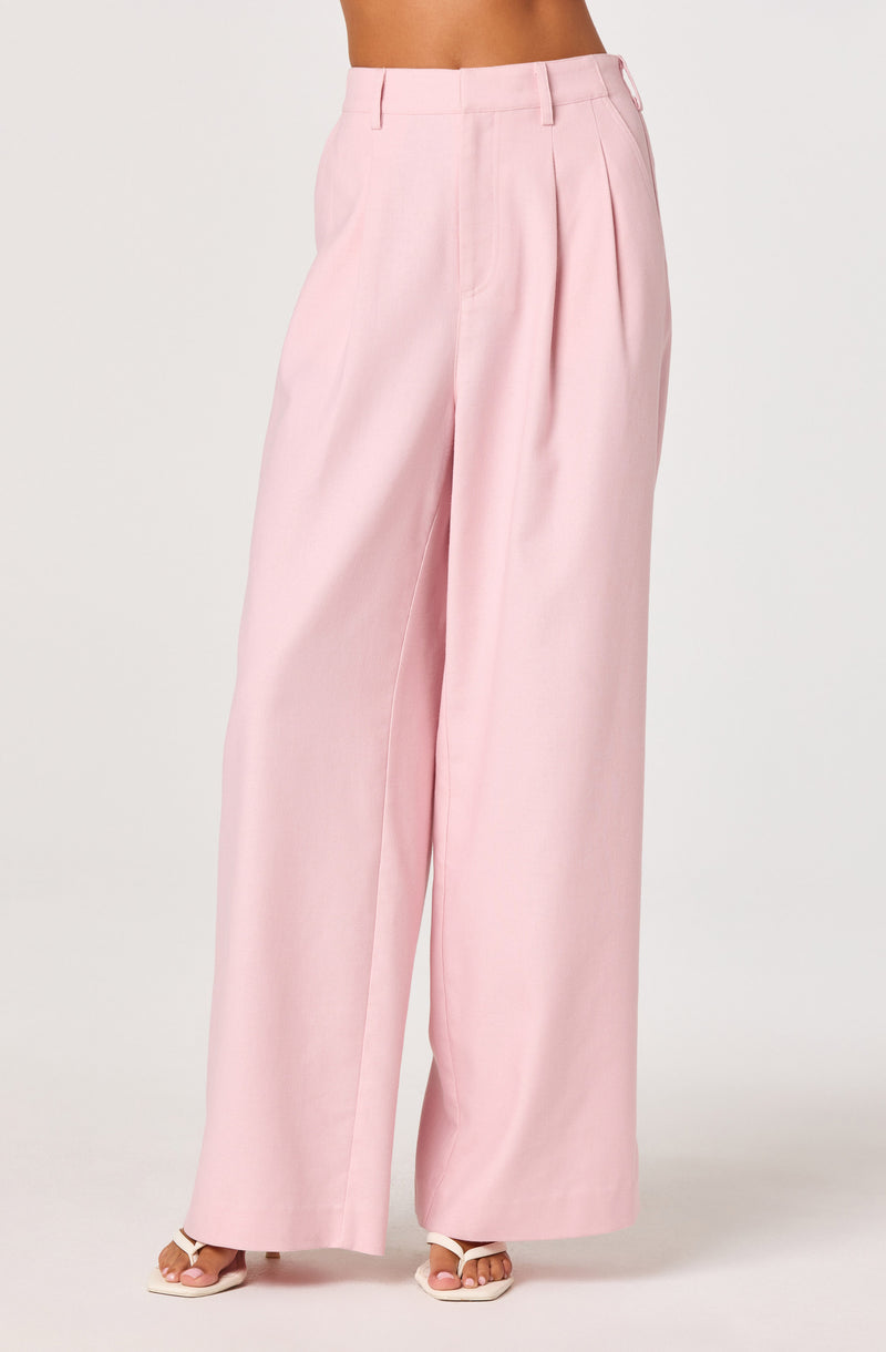 Light pink wide-leg trousers with pleats and belt loops.