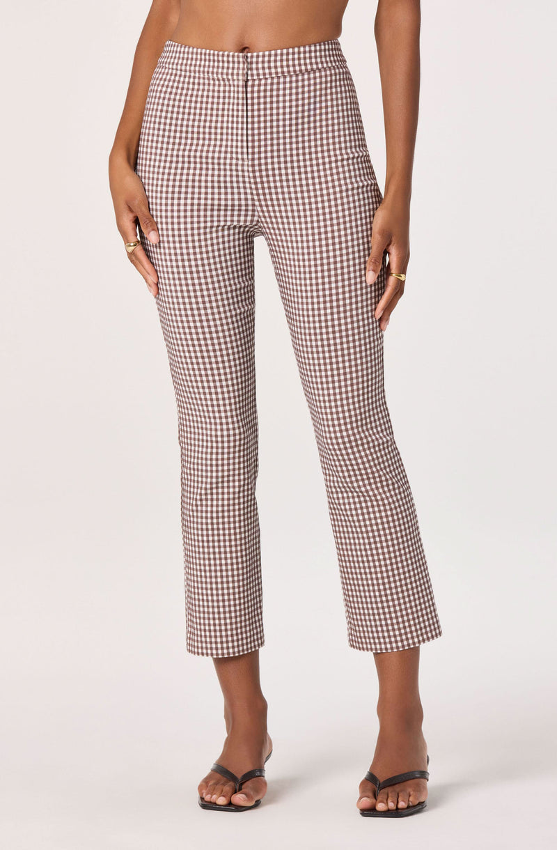 Brown and white checkered pants with a high waist and straight legs.