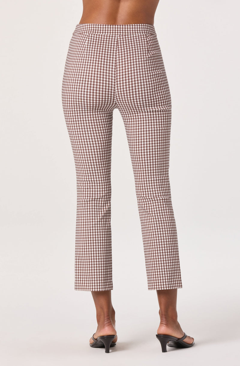 Brown and white checkered straight-leg pants with a high waist.