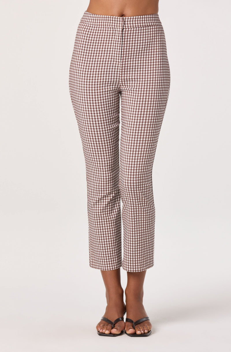 Brown and white checkered cropped pants with a straight-leg fit.