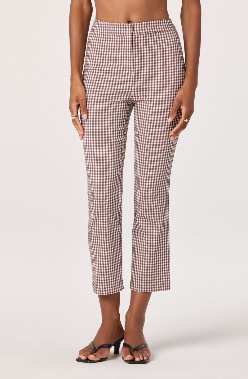 Brown and white checked trousers with a high waist and cropped length.