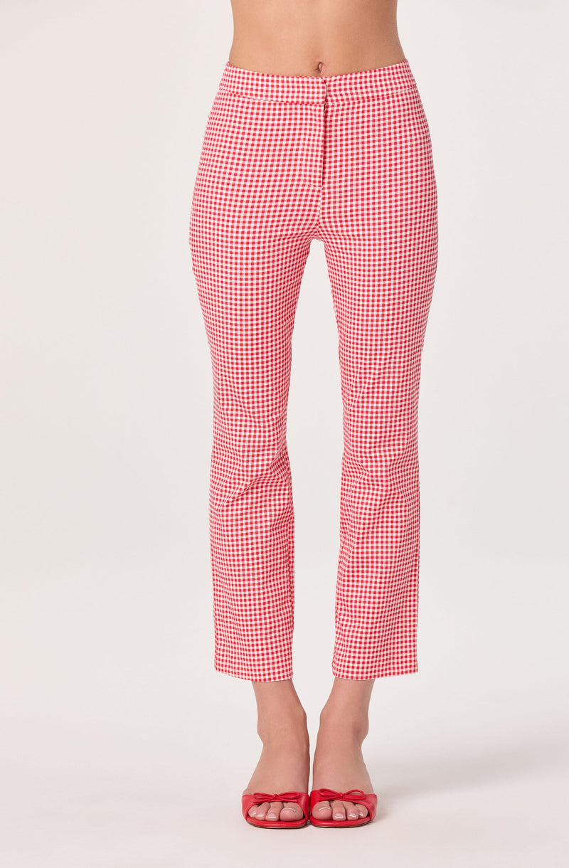 Red and white gingham high-waisted pants with a straight leg fit.