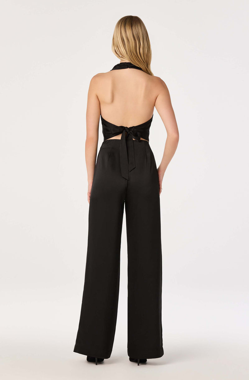 Back view of a woman wearing high-waisted black wide-leg pants and a halter top tied at the back.