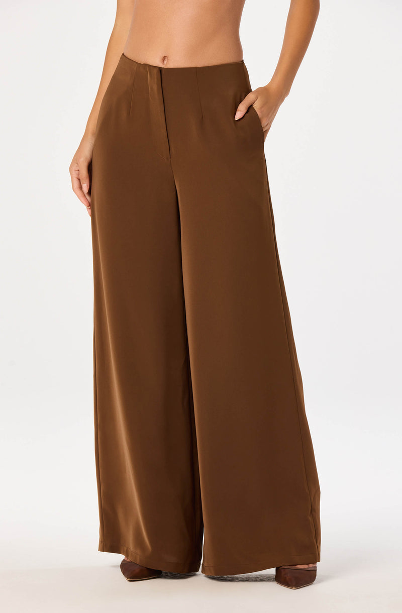 Brown wide-leg satin pants with side pockets.