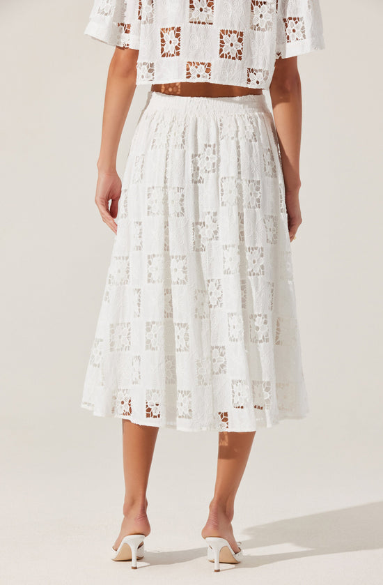 Nice Try Embroidered Crochet Lace Tassle Trim Elastic Waist Midi Skirt