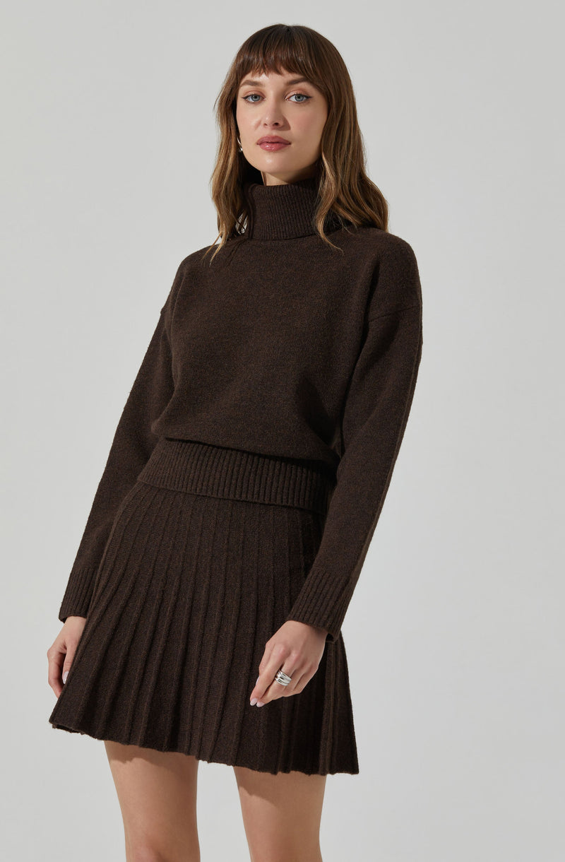 A woman is wearing a dark brown, long-sleeved turtleneck sweater with a loose fit and ribbed cuffs and hem. She pairs it with a matching dark brown pleated skirt that reaches mid-thigh and features vertical ribbing throughout.