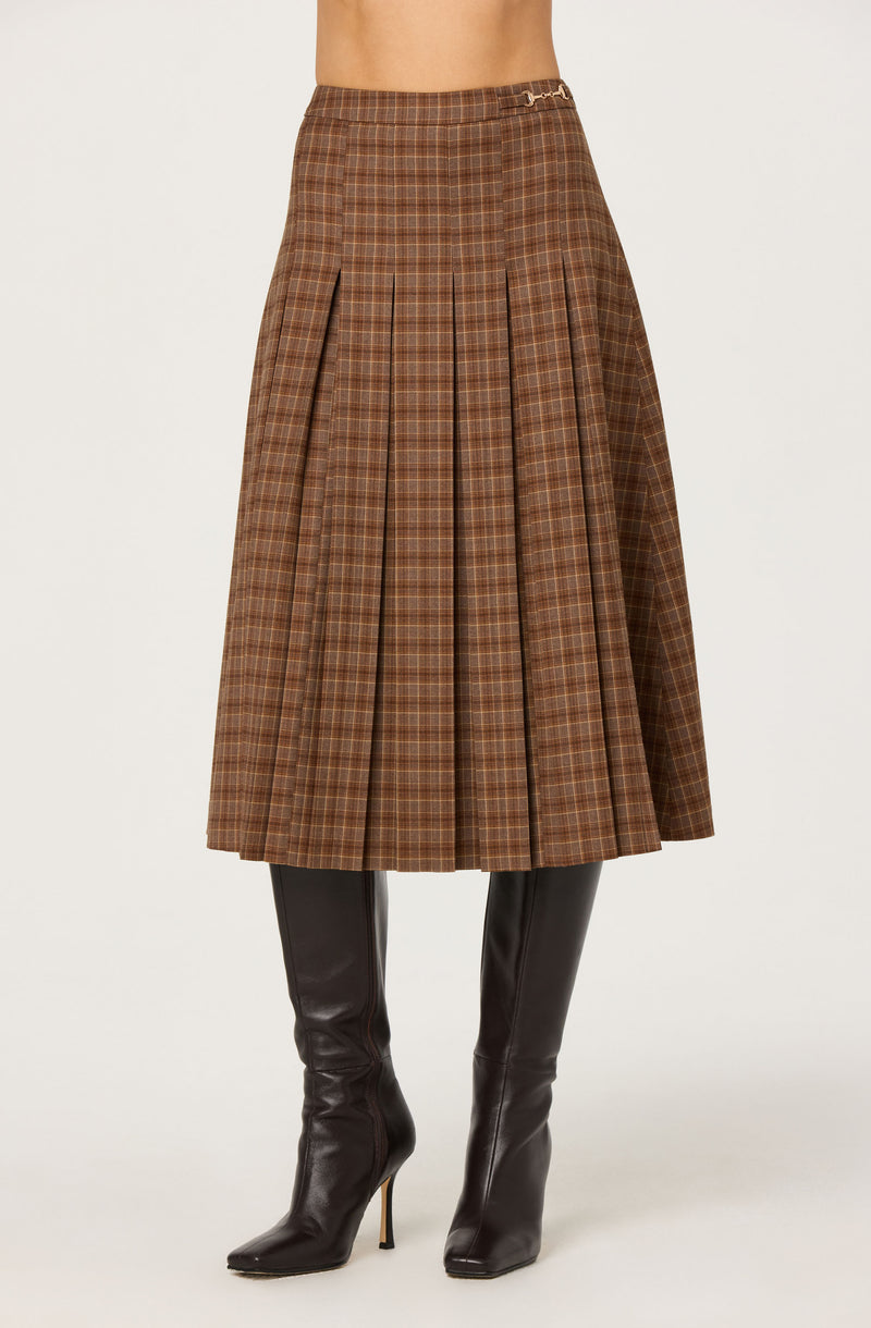 Brown plaid pleated midi skirt with a side gold chain detail.