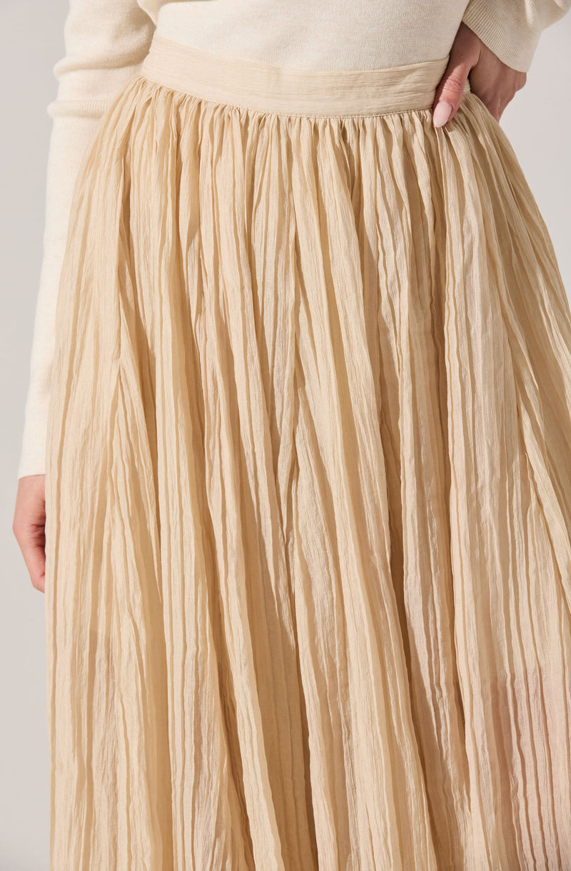 A beige, pleated skirt made of lightweight, slightly shiny fabric, with vertical stripes creating a textured, crinkled appearance. The skirt has a wide waistband and is paired with a light-colored, long-sleeved top. The person's hand rests near the waistband, partially visible.