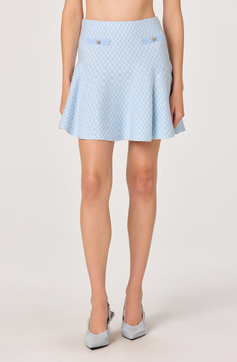 Light blue checkered skirt with decorative gold buttons, flared hem, high waist.