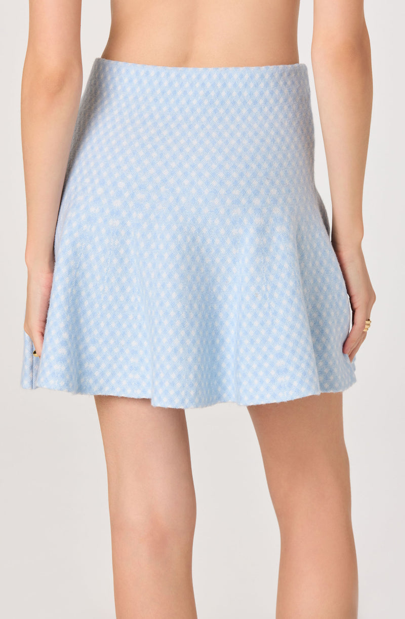 Light blue and white checkered mini skirt with a flared silhouette.