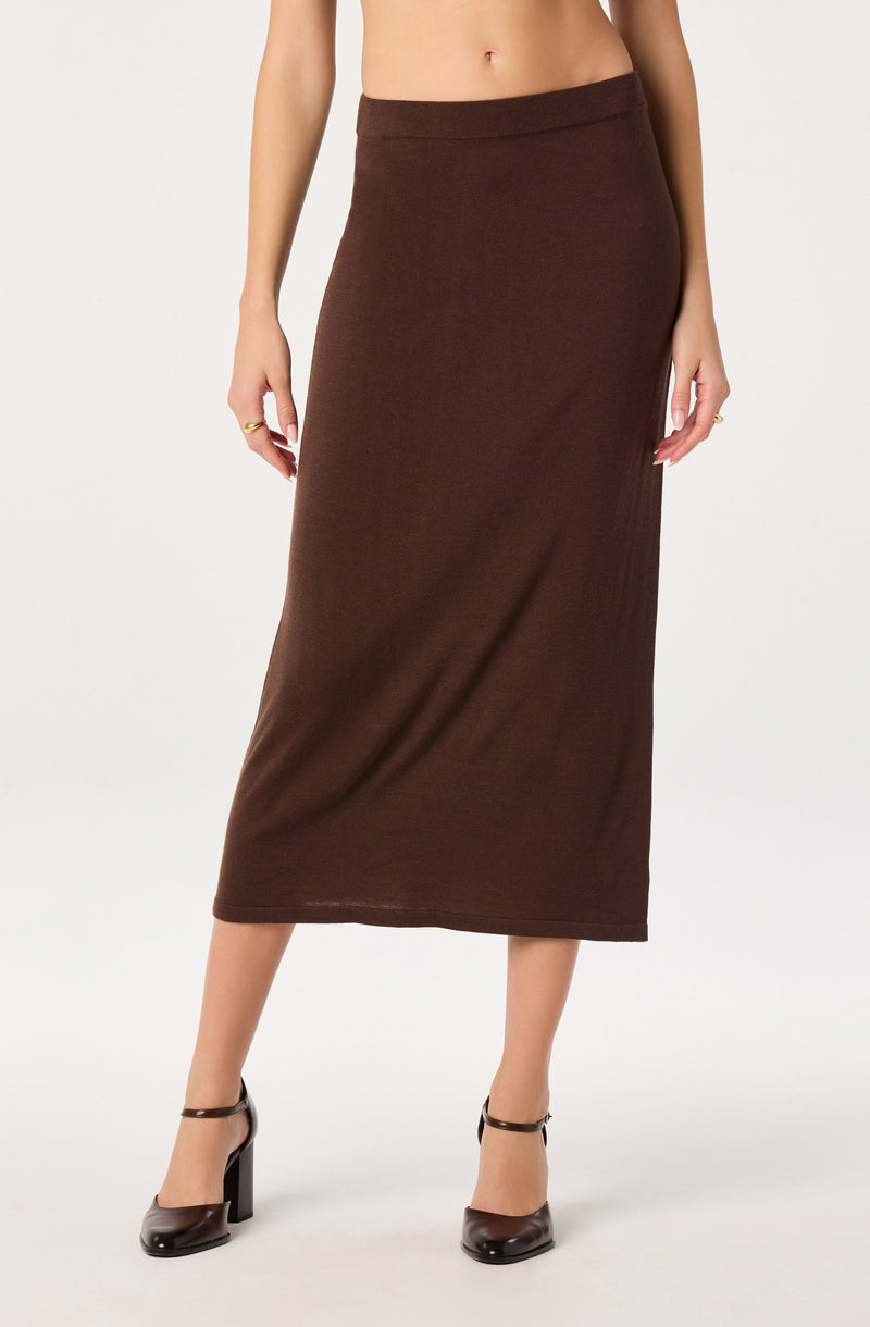Brown, high-waisted, ankle-length skirt with a fitted waist and slight flare.